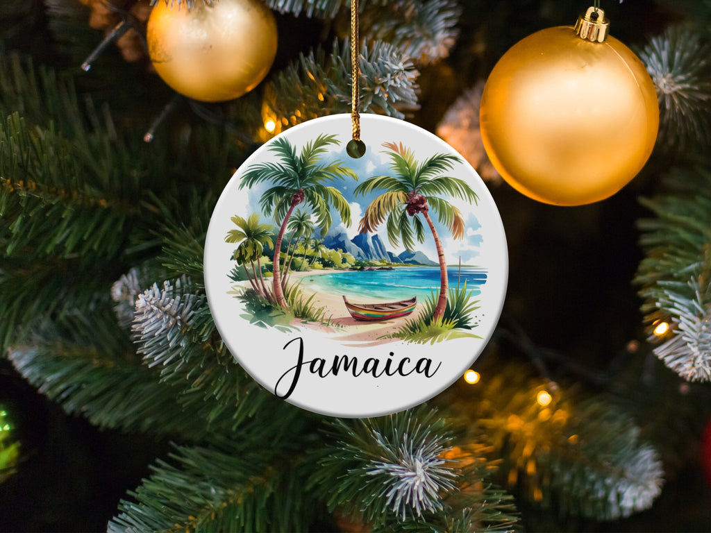 Round ornament with beach scene and "Jamaica" text.