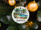 Round ornament with beach scene and "Jamaica" text.