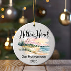 Hilton Head honeymoon ornament 2026 with lighthouse and beach scene.