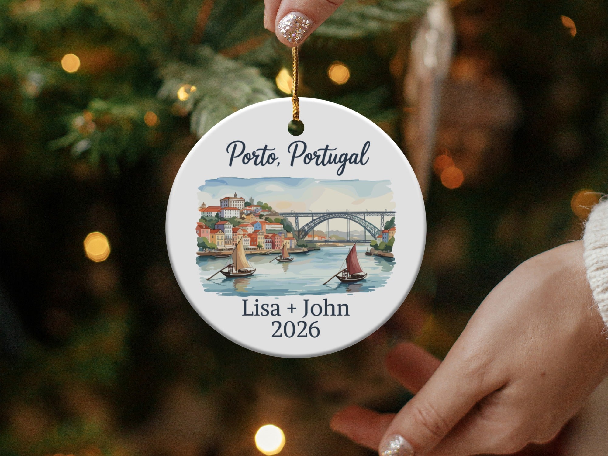 Porto, Portugal ornament with boats and "Lisa + John 2026" text.