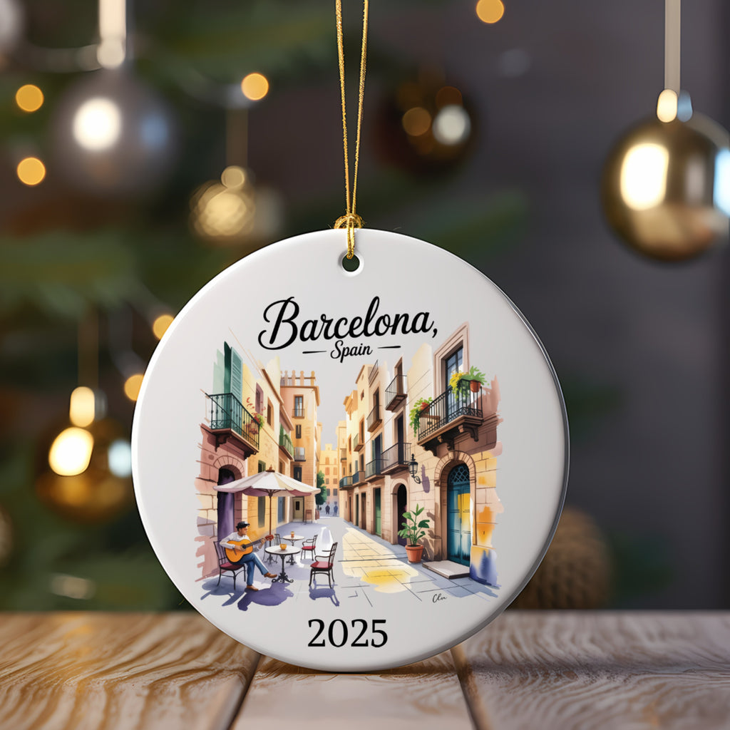 Barcelona Spain Ornament, Customizable Travel Souvenir, Spanish City Street, Vacation Reunion Honeymoon Christmas Trip Gift