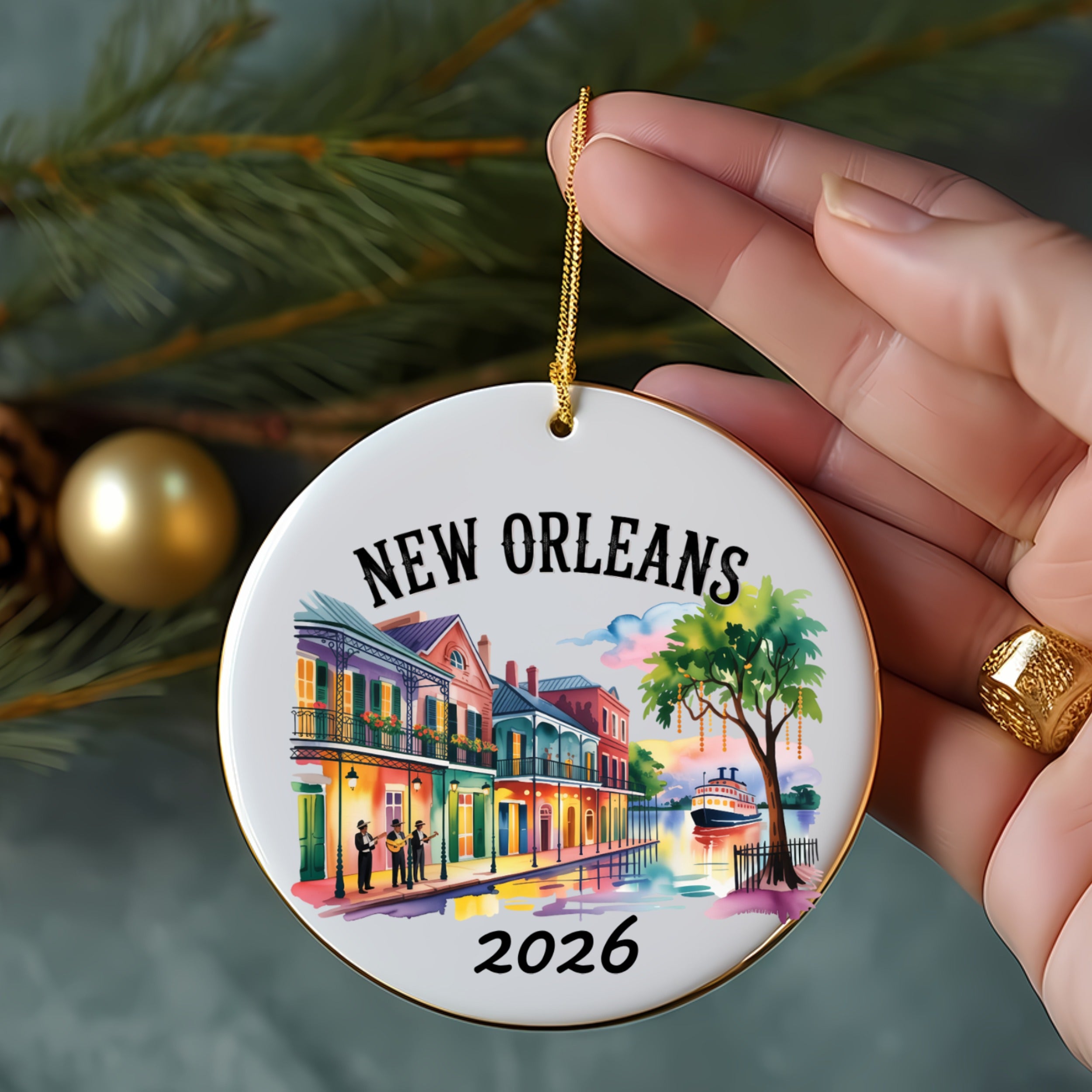 Round ornament with New Orleans scene and "2026".