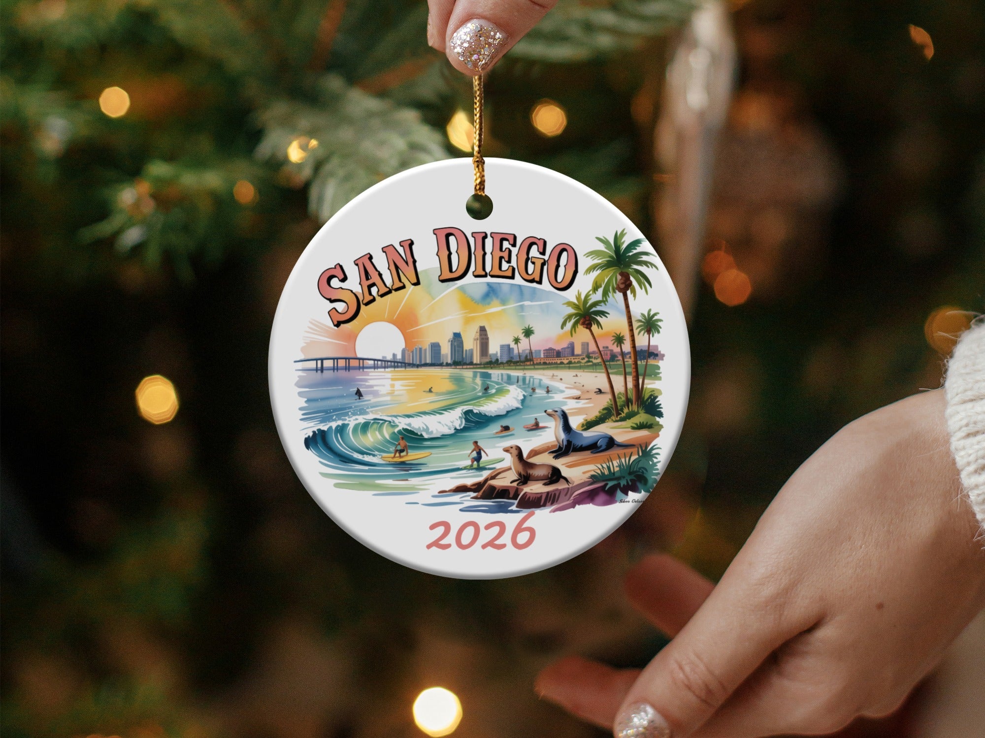 San Diego 2026 ceramic ornament with sunset, waves, and seals.