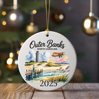 Outer Banks North Carolina 2025 Christmas ornament with lighthouse and biplane.