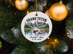 Grand Teton ornament with names and date, on a Christmas tree.