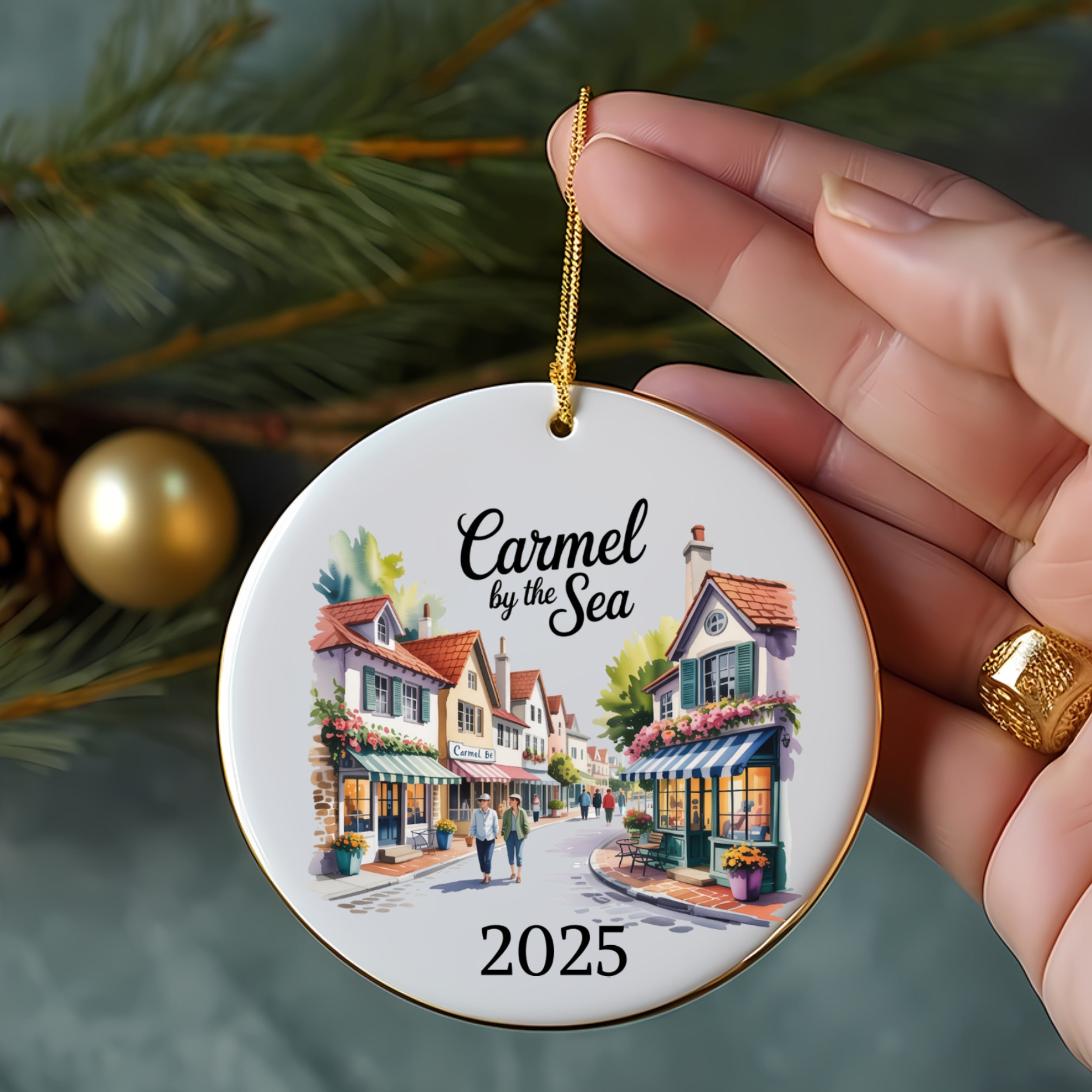 Carmel by the Sea 2025 Christmas ornament with watercolor street scene.