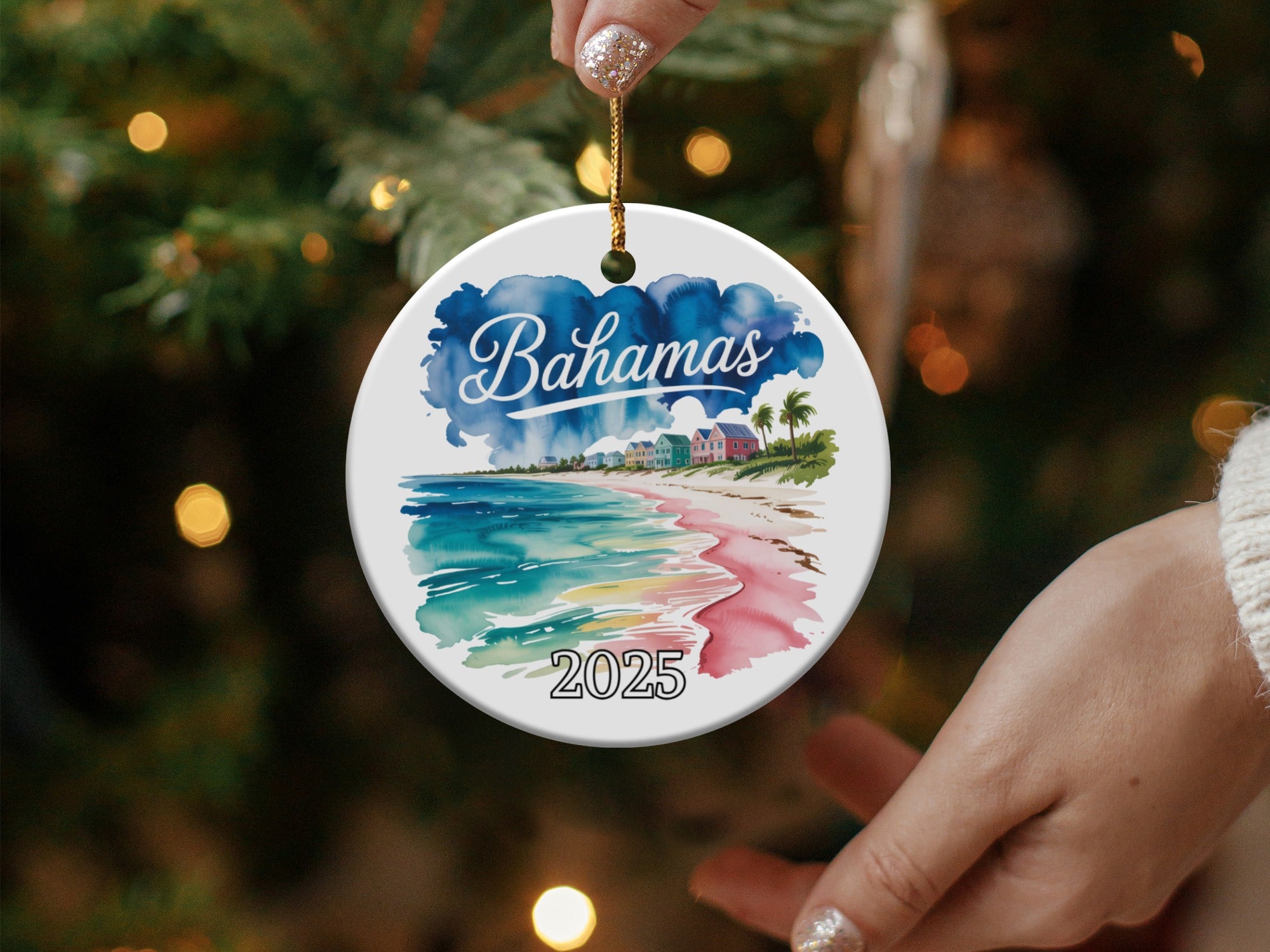 Bahamas beach scene ceramic ornament with palm trees and "2025" text.