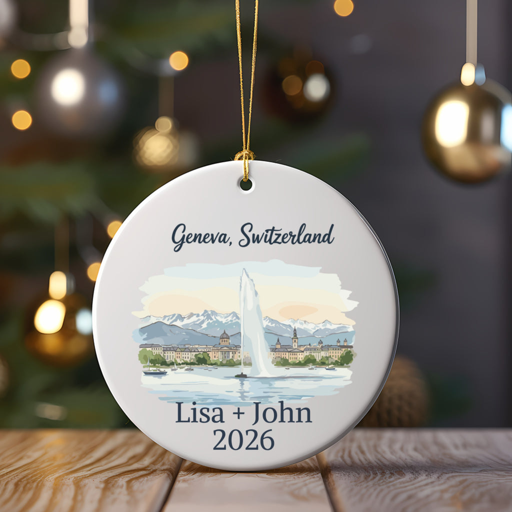 Round ornament with Geneva skyline and "Lisa + John 2026".