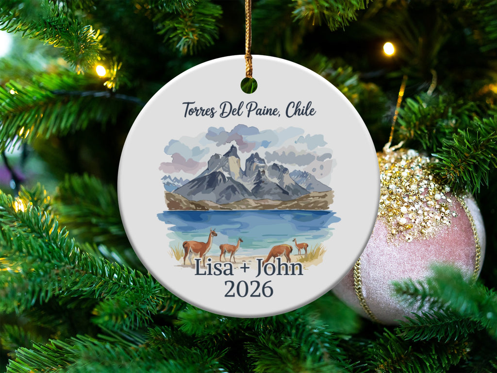 Ornament with Torres del Paine, Chile landscape, and "Lisa + John 2026".