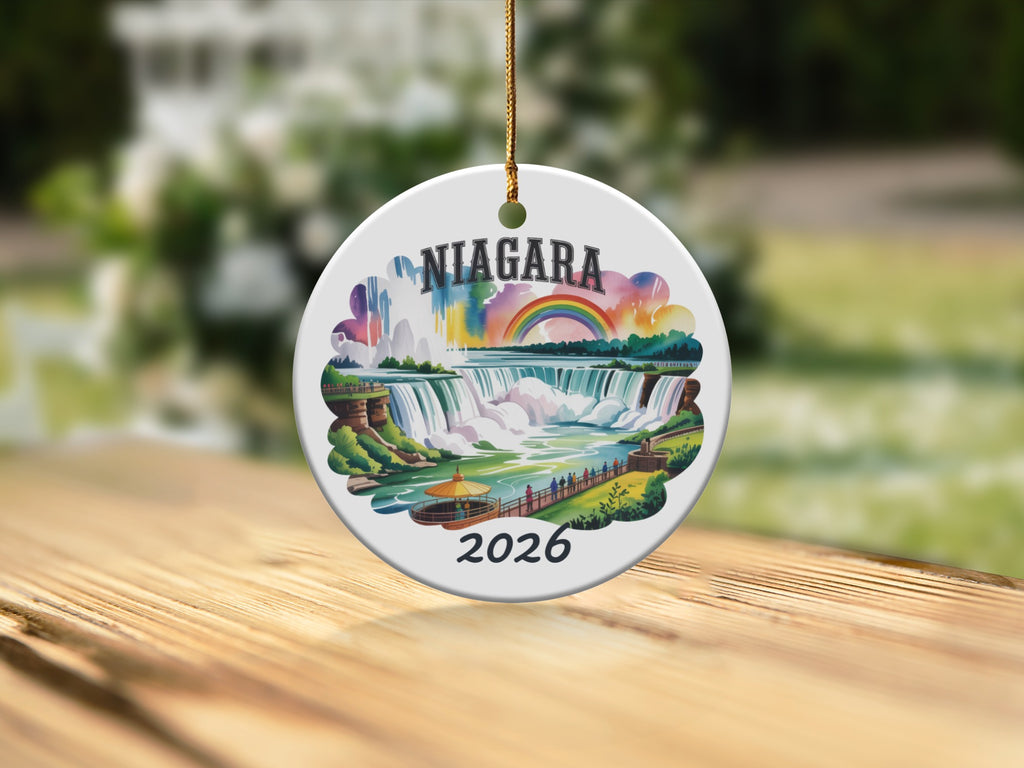 Niagara Falls ornament with rainbow, dated 2026.