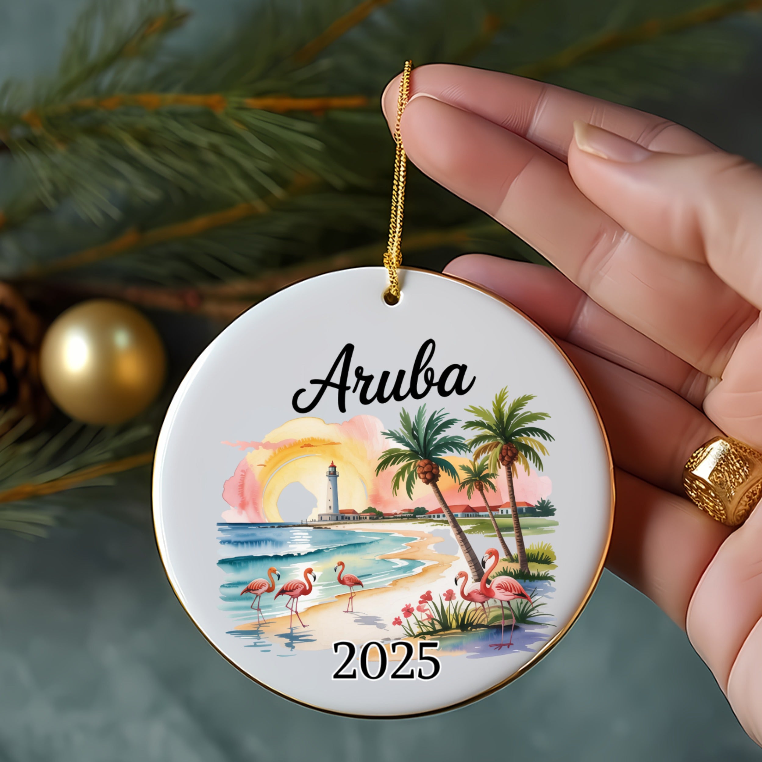 Aruba ceramic ornament with flamingos, palm trees, and lighthouse.