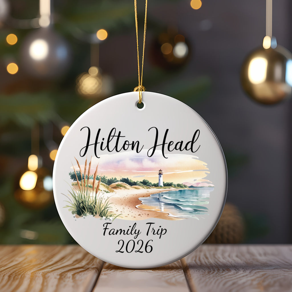 Hilton Head Family Trip 2026 ceramic ornament with lighthouse and beach scene.