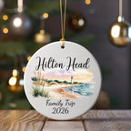 Hilton Head Family Trip 2026 ceramic ornament with lighthouse and beach scene.