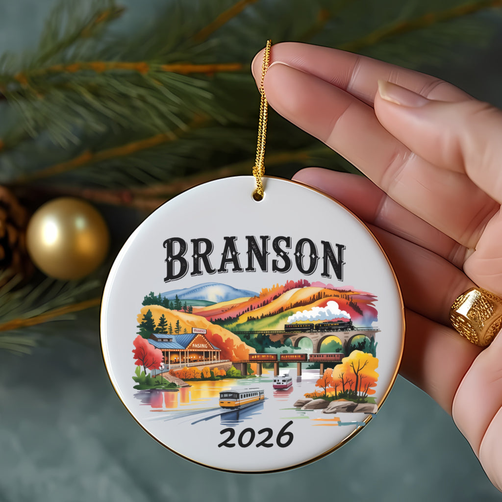 Round ornament with Branson scene and 2026.
