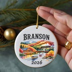 Round ornament with Branson scene and 2026.