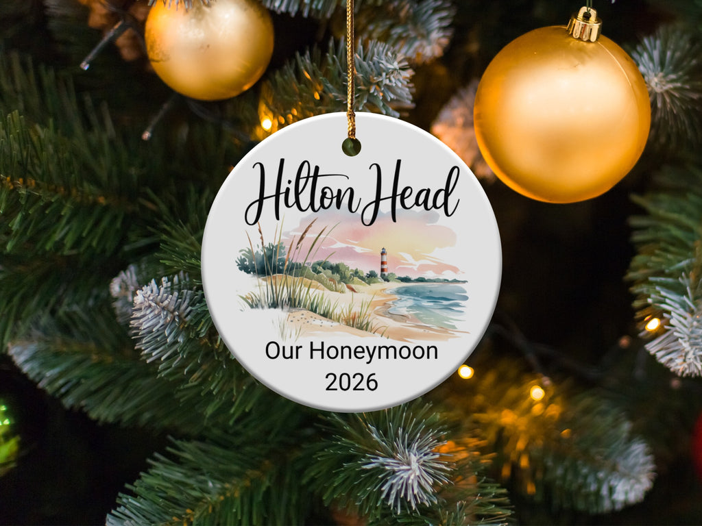 Hilton Head ornament with beach scene, text "Our Honeymoon 2026".