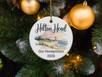 Hilton Head ornament with beach scene, text "Our Honeymoon 2026".