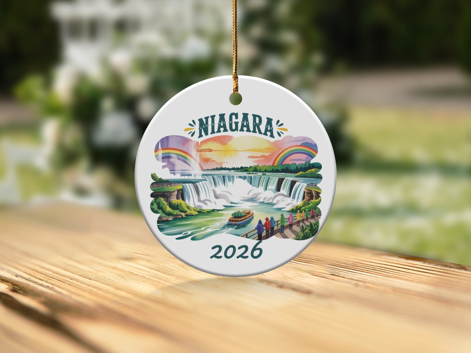 Niagara Falls ornament with "Niagara 2026" text and a colorful rainbow.