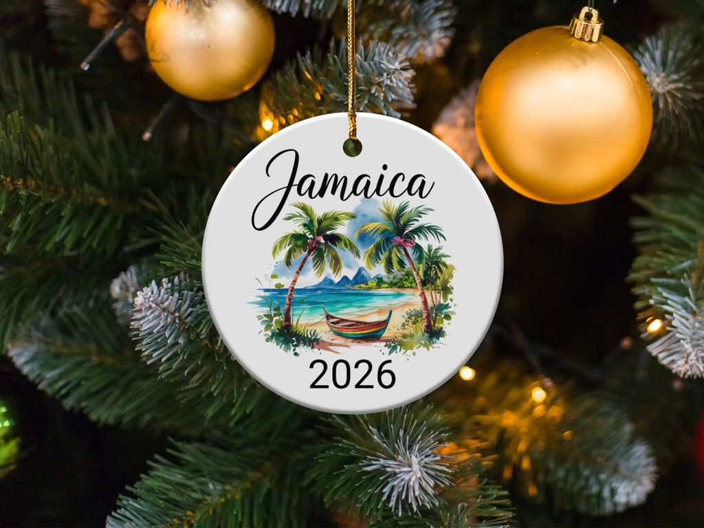 Round Jamaica 2026 ornament with beach scene and palm trees.