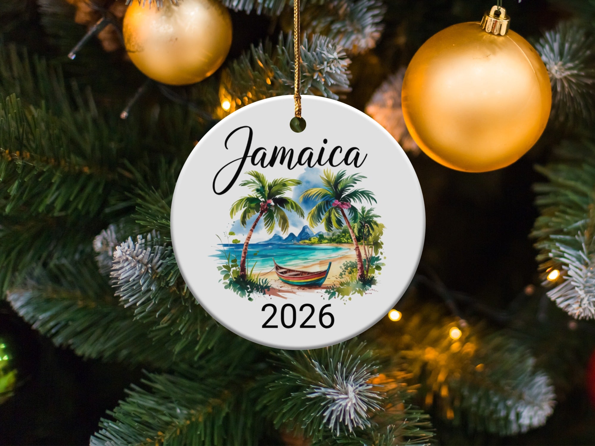 Round Jamaica 2026 ornament with beach scene and palm trees.