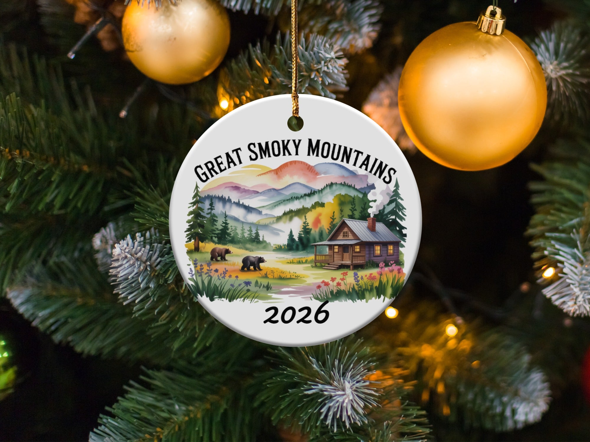 Round ornament with Great Smoky Mountains scene and the year 2026.