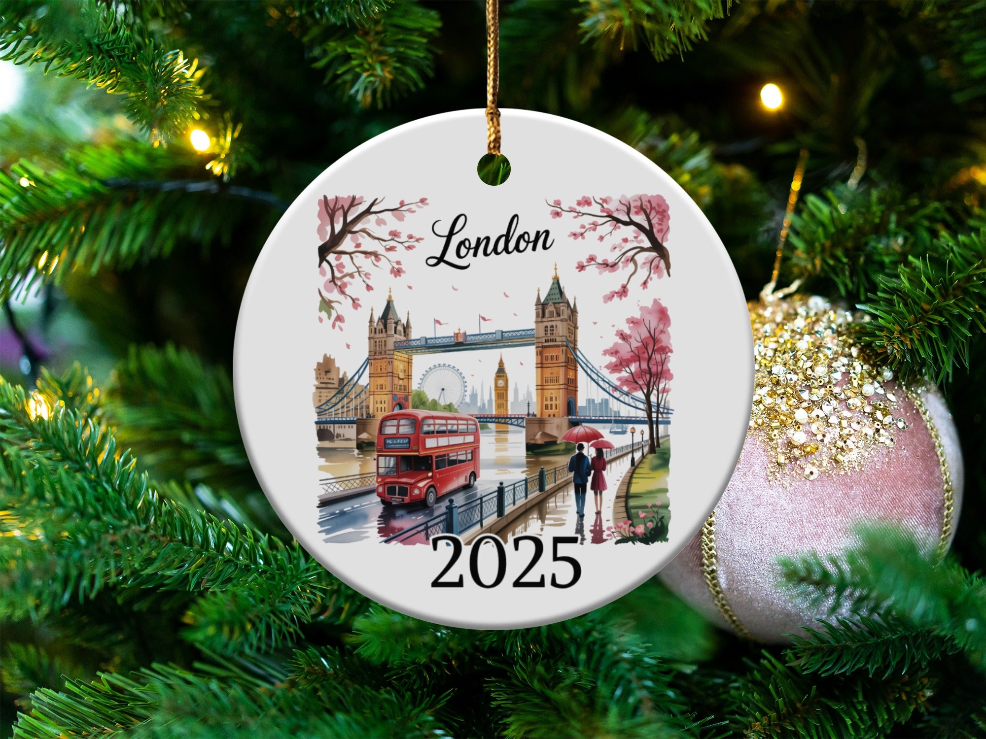 London Tower Bridge with red double-decker bus and couple, 2025 ornament.