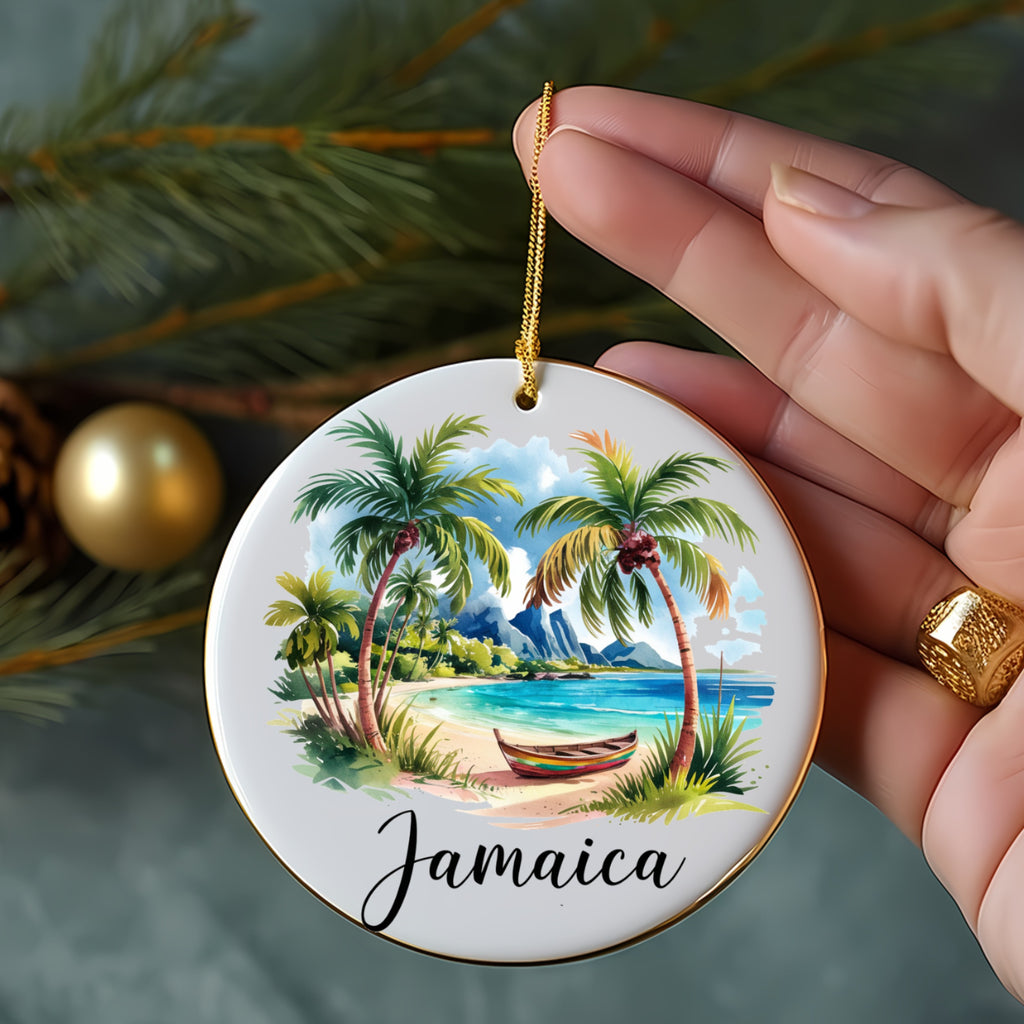 Round ornament with Jamaica beach scene and palm trees.