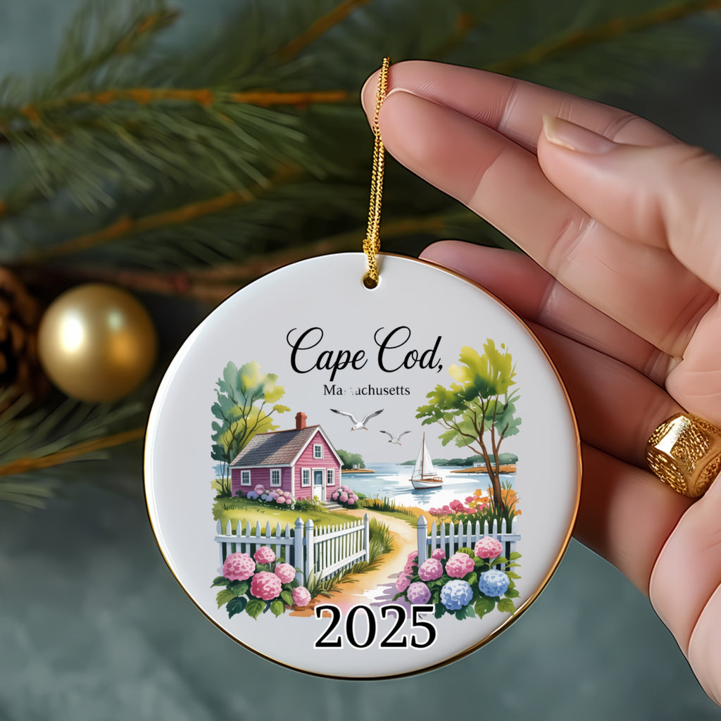 Cape Cod, Massachusetts 2025 ceramic ornament with pink house and hydrangeas.