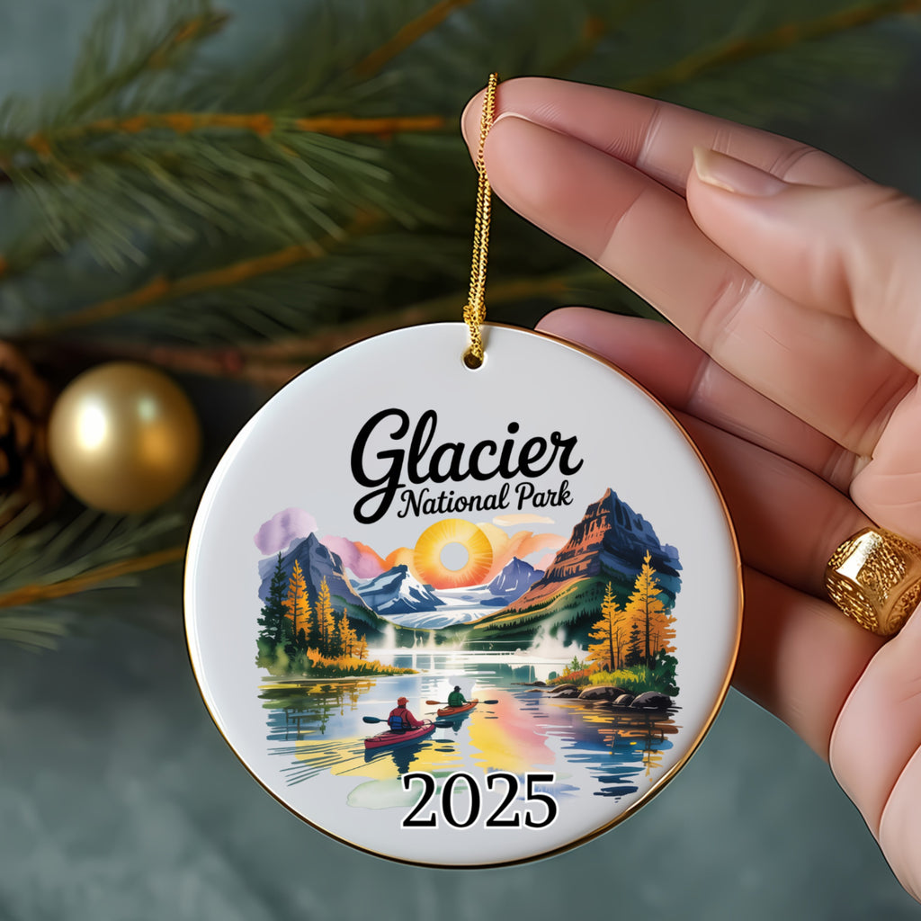 Glacier National Park 2025 ornament with mountain lake and kayakers.
