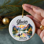 Glacier National Park 2025 ornament with mountain lake and kayakers.