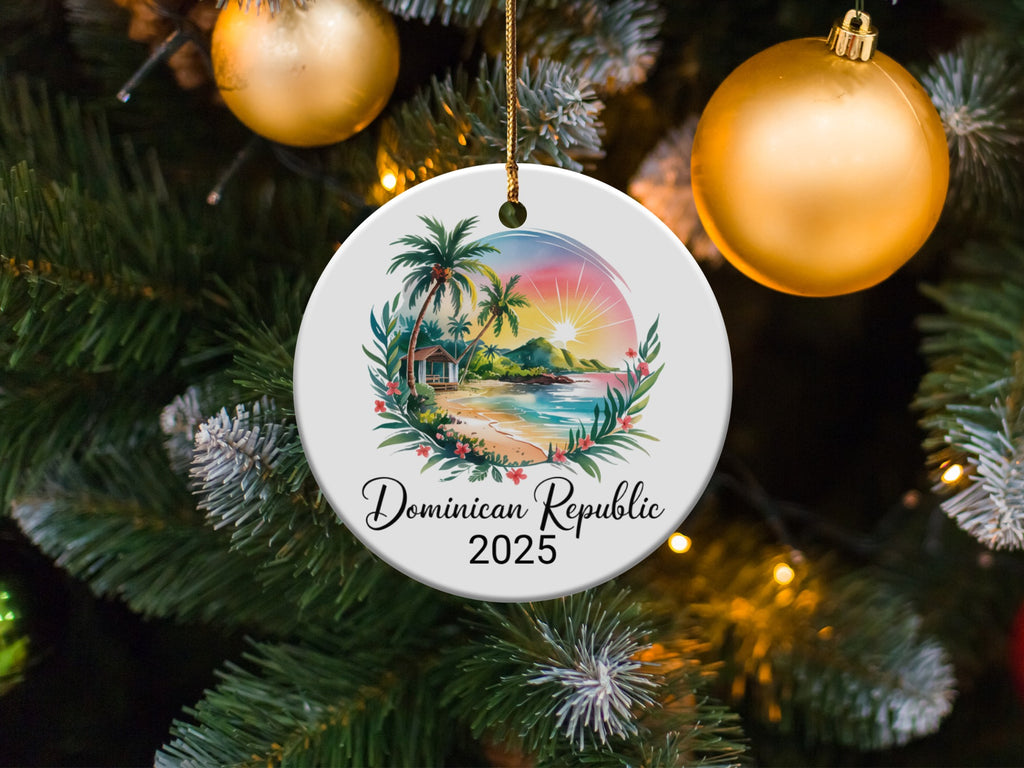 Dominican Republic 2025 ornament with tropical beach scene.