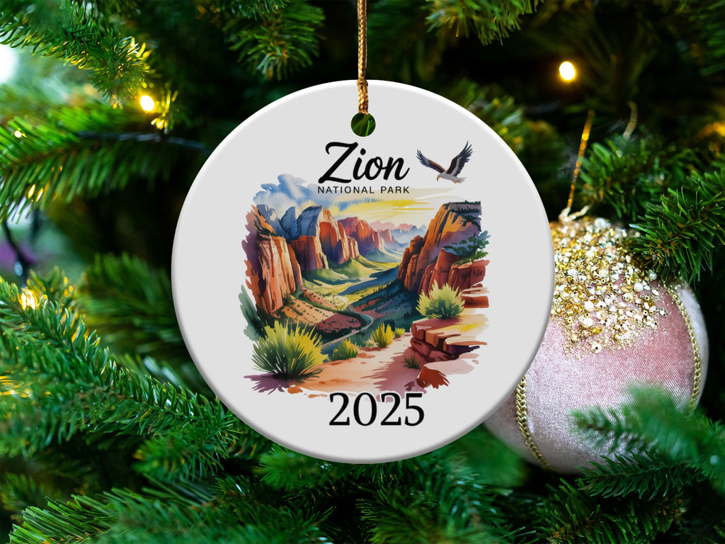 Zion National Park 2025 round ceramic ornament with landscape scene.