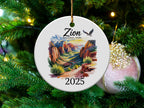 Zion National Park 2025 round ceramic ornament with landscape scene.