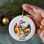 Round ornament with Zion National Park landscape and "2025" text.