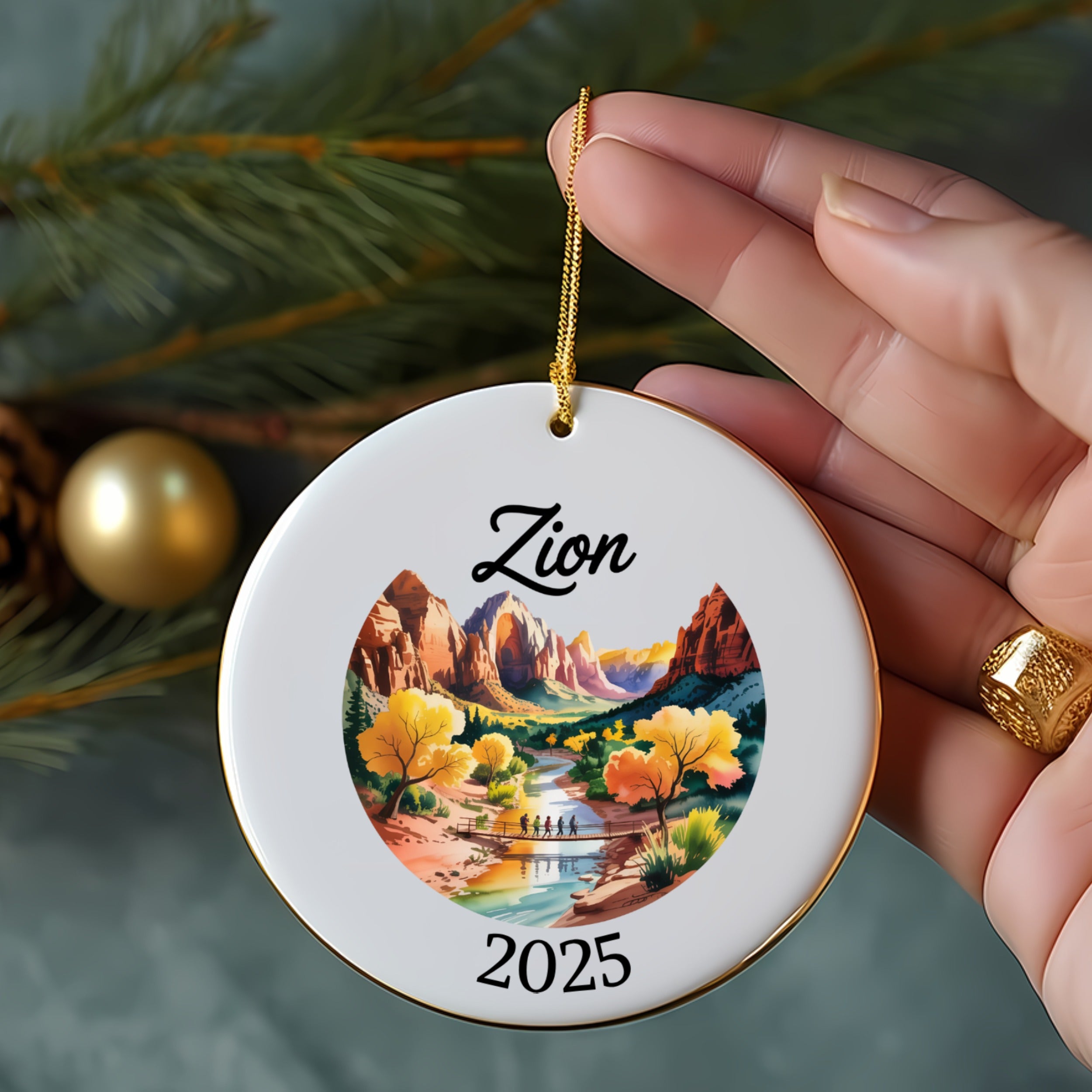 Round ornament with Zion National Park landscape and "2025" text.