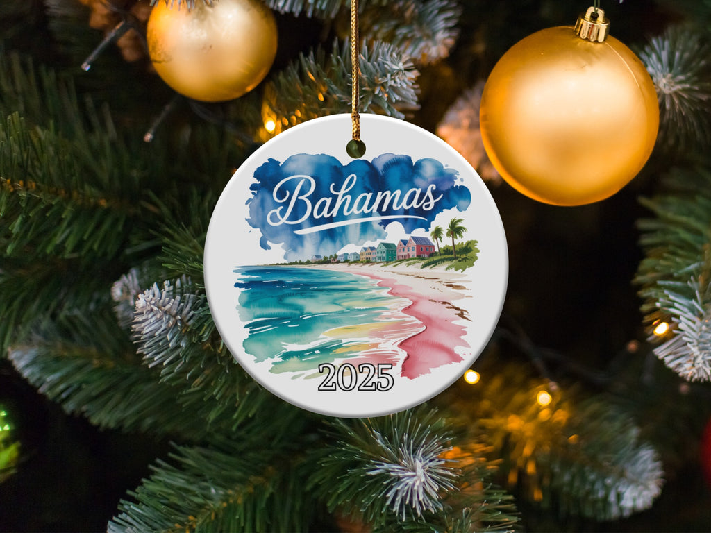Christmas ornament depicting colorful beach houses and the year 2025.