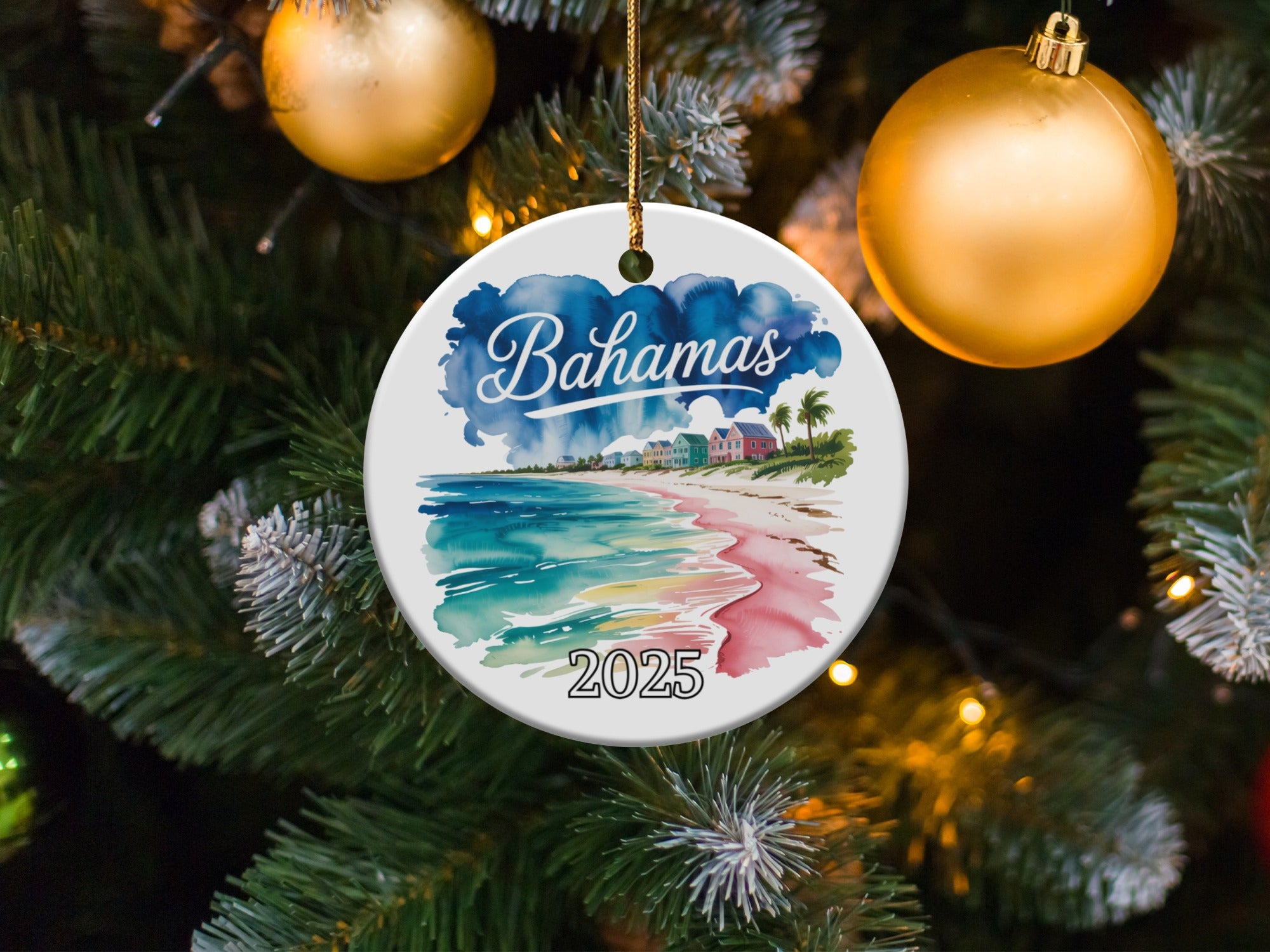 Christmas ornament depicting colorful beach houses and the year 2025.