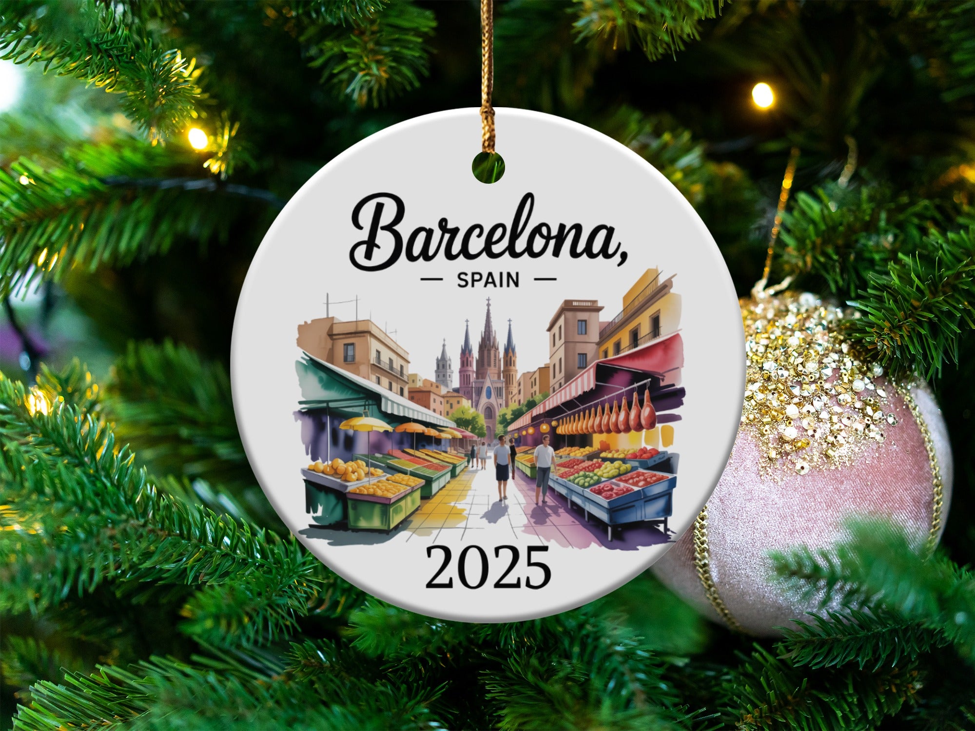 Barcelona, Spain 2025 ceramic ornament featuring a market scene.