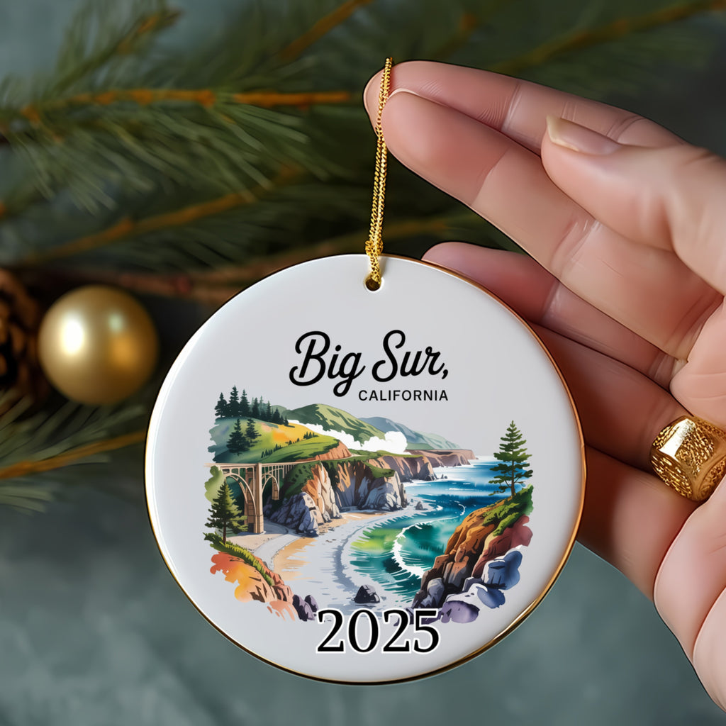Big Sur, California 2025 ceramic ornament with bridge and coastal scenery.