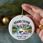 Grand Teton ornament with mountains, lake, canoes, and personalized text.