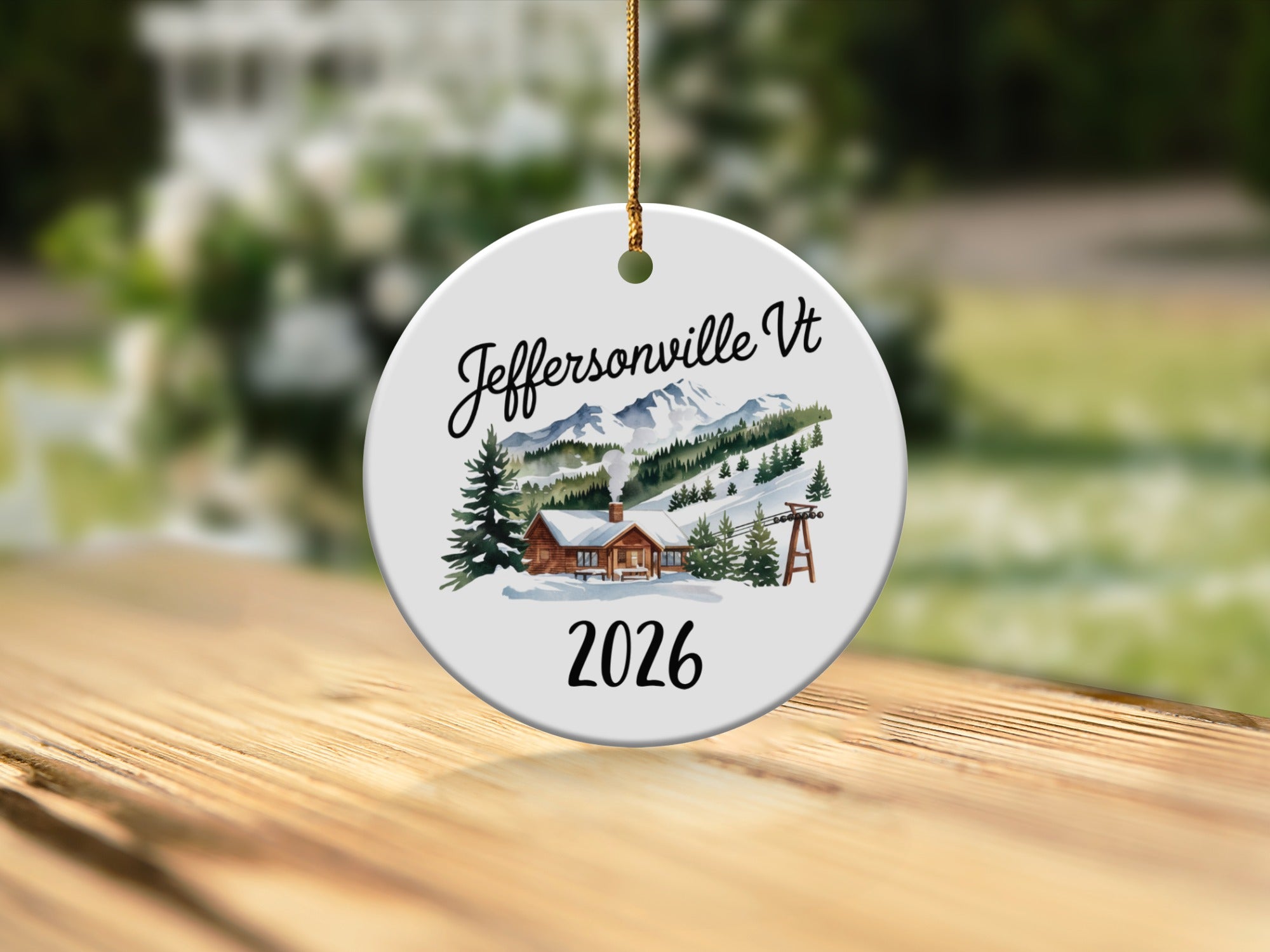 Round ceramic ornament with "Jeffersonville VT 2026" and a ski resort scene.