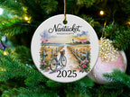 Nantucket Massachusetts 2025 Christmas ornament with beach scene and bicycle.