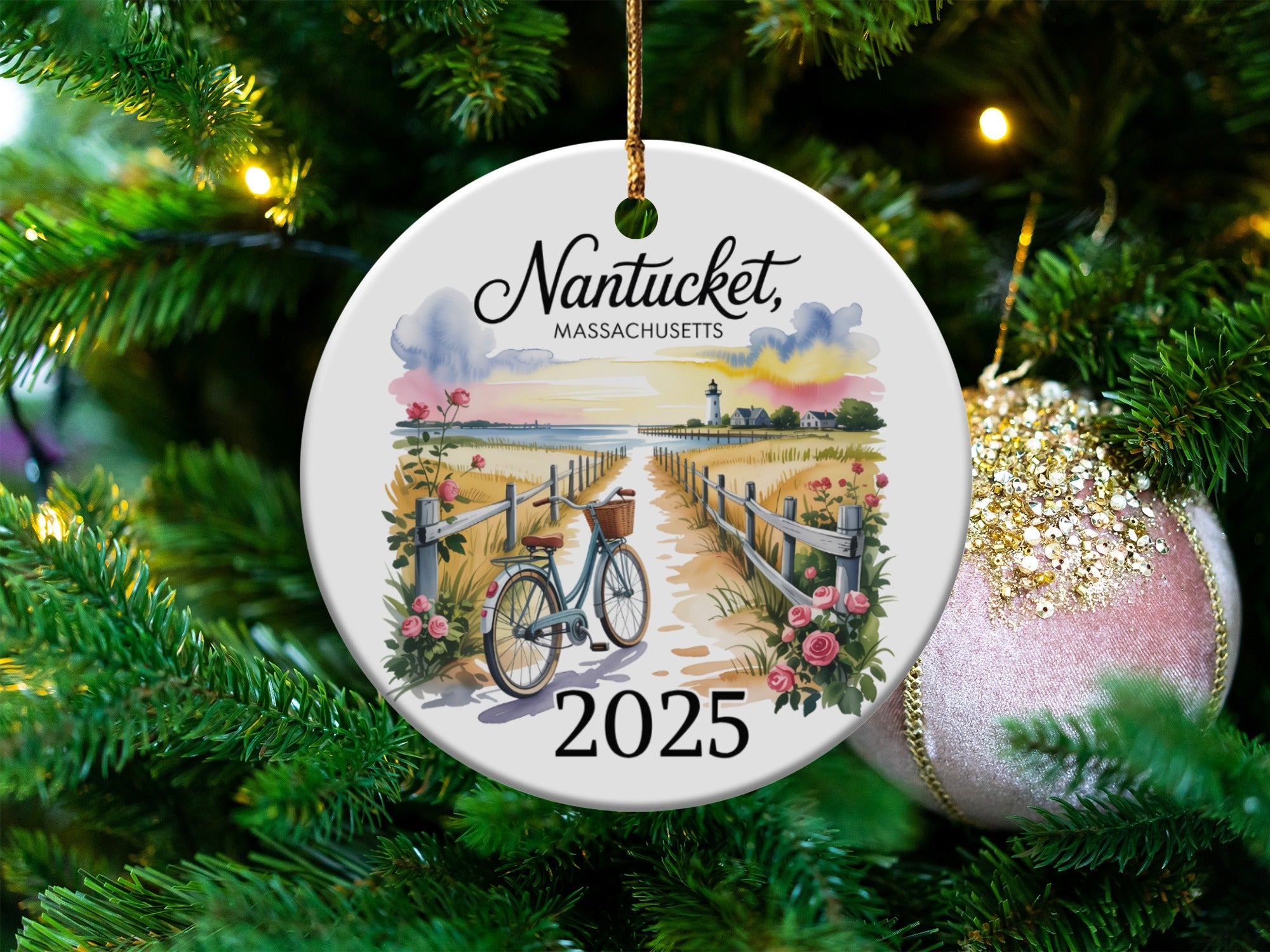 Nantucket Massachusetts 2025 Christmas ornament with beach scene and bicycle.