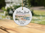 Hilton Head Family Trip 2026 circular ornament with lighthouse and beach scene.
