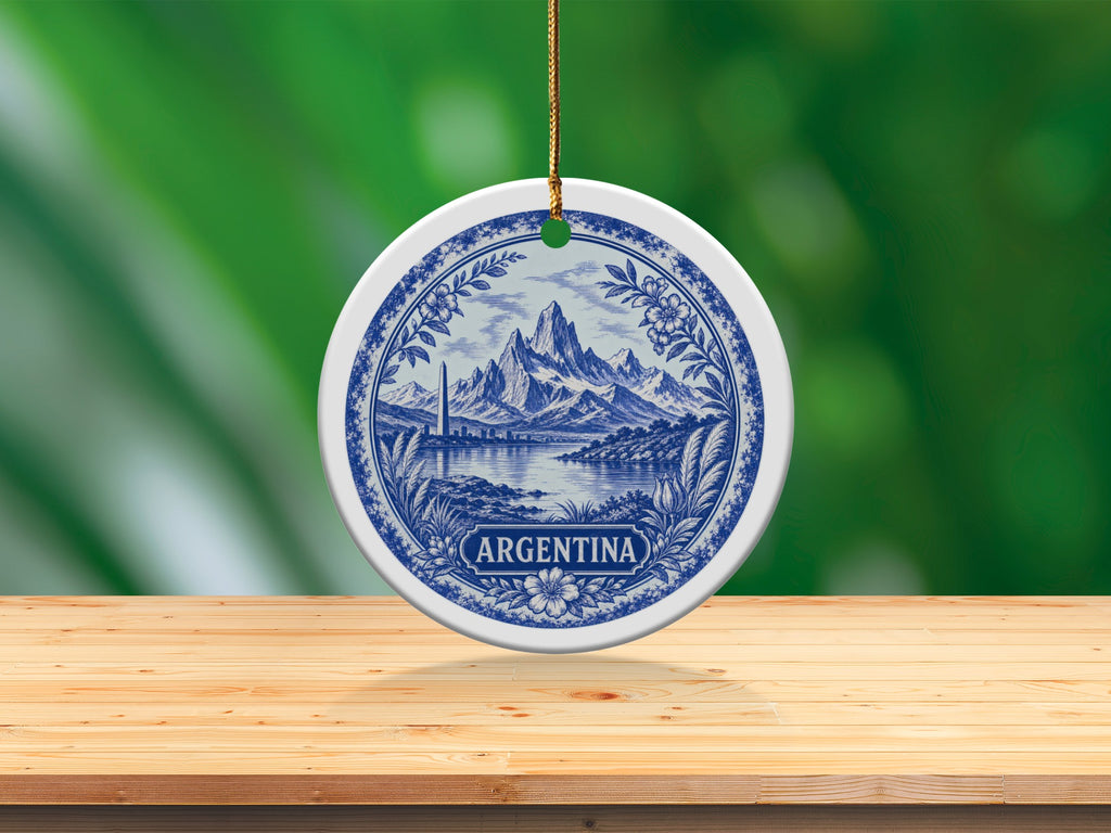 Round ornament with blue and white Argentina landscape design, hanging over a wooden table.