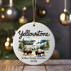 Yellowstone ornament with bison and mountains, personalized for "Wilson Family Vacation 2026".