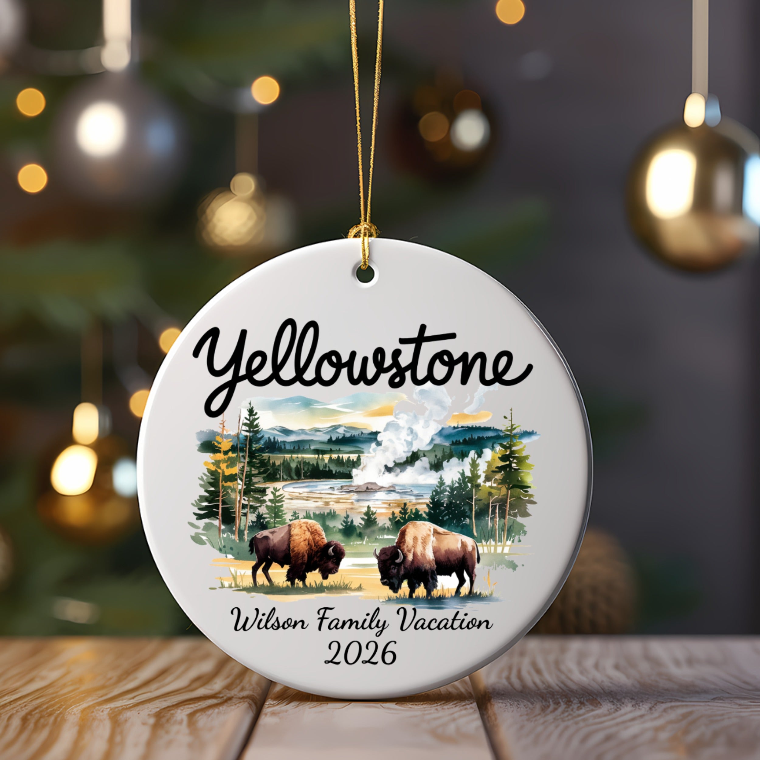 Yellowstone ornament with bison and mountains, personalized for "Wilson Family Vacation 2026".
