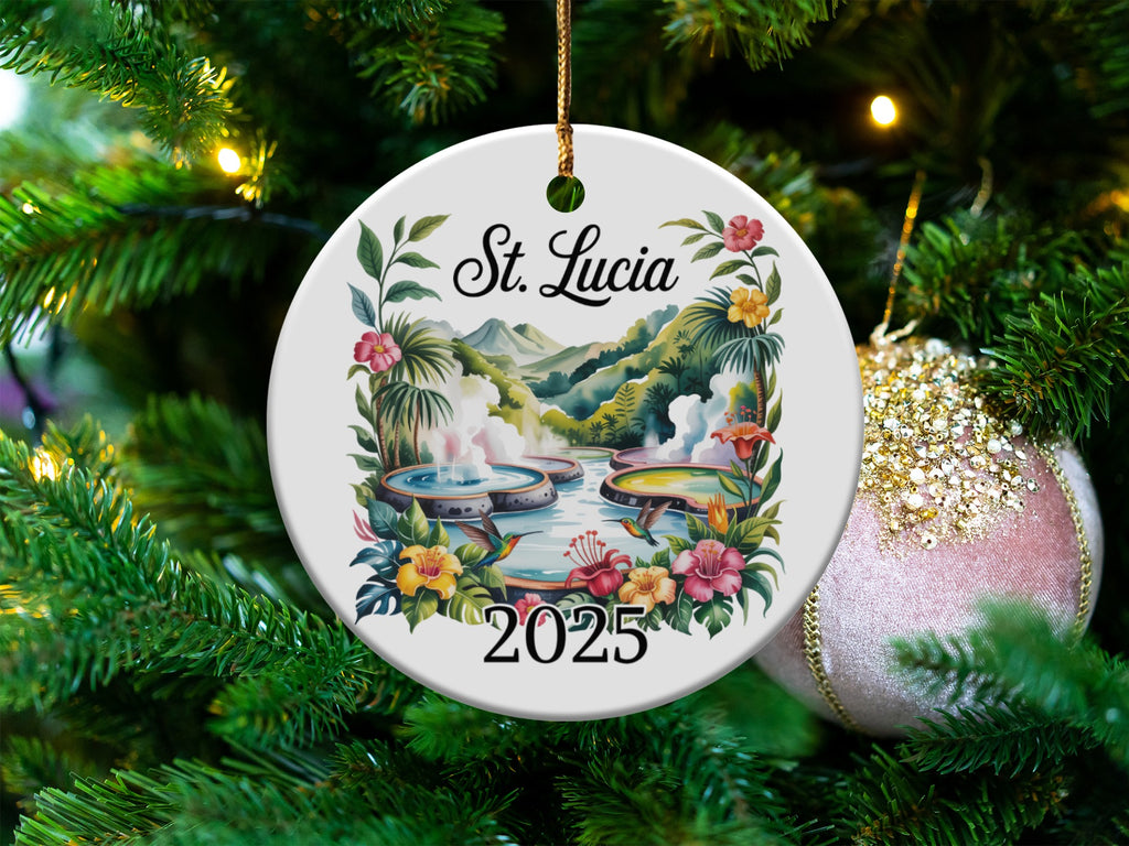 St. Lucia 2025 ceramic ornament with tropical scenery and text.