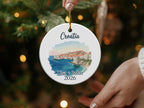 Round ornament with Dubrovnik, Croatia skyline and custom text "Lisa + John 2026".