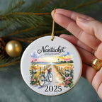 Nantucket, Massachusetts ornament with bicycle, lighthouse, and "2025" text.